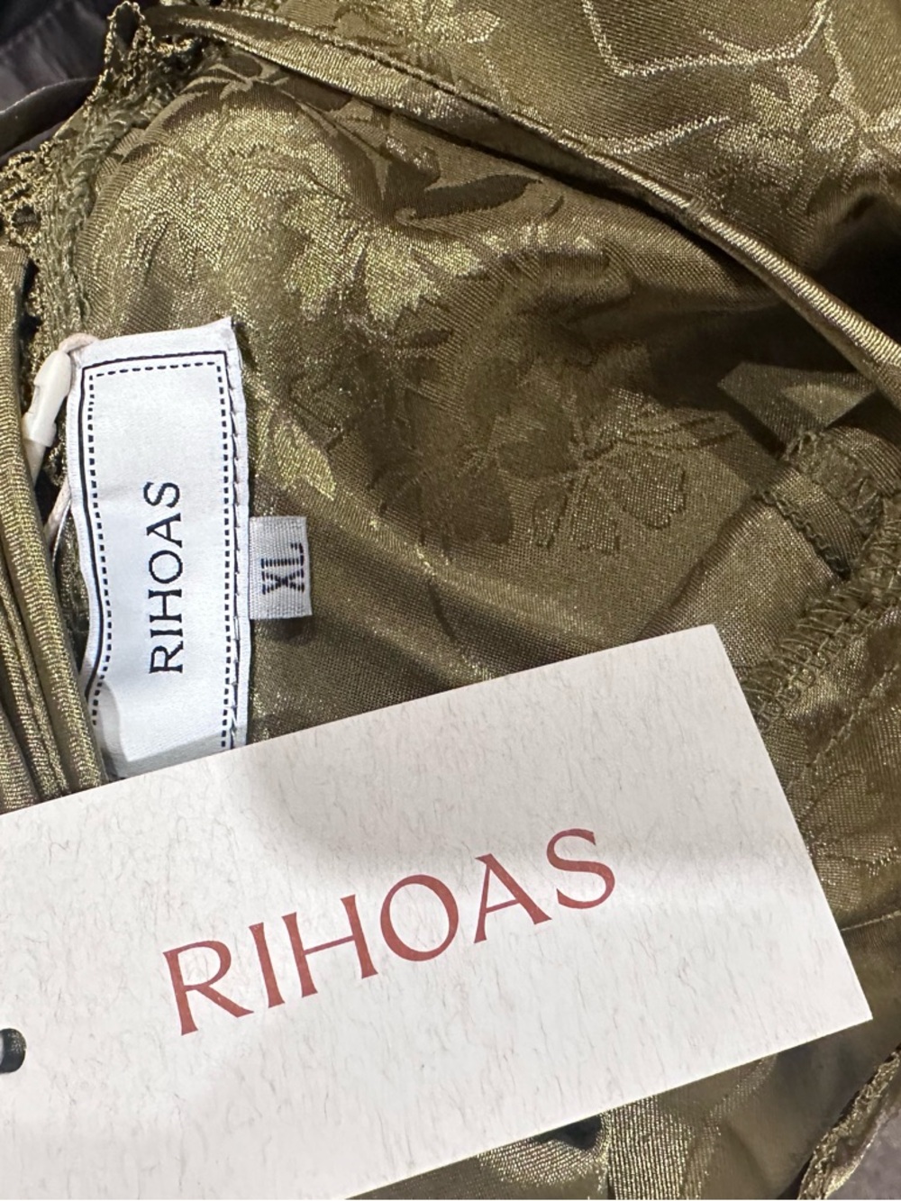 NWT Rihoas Olive Green Jacquard Cap Sleeve Satin Midi Dress XL Cottagecore - Picture 11 of 11